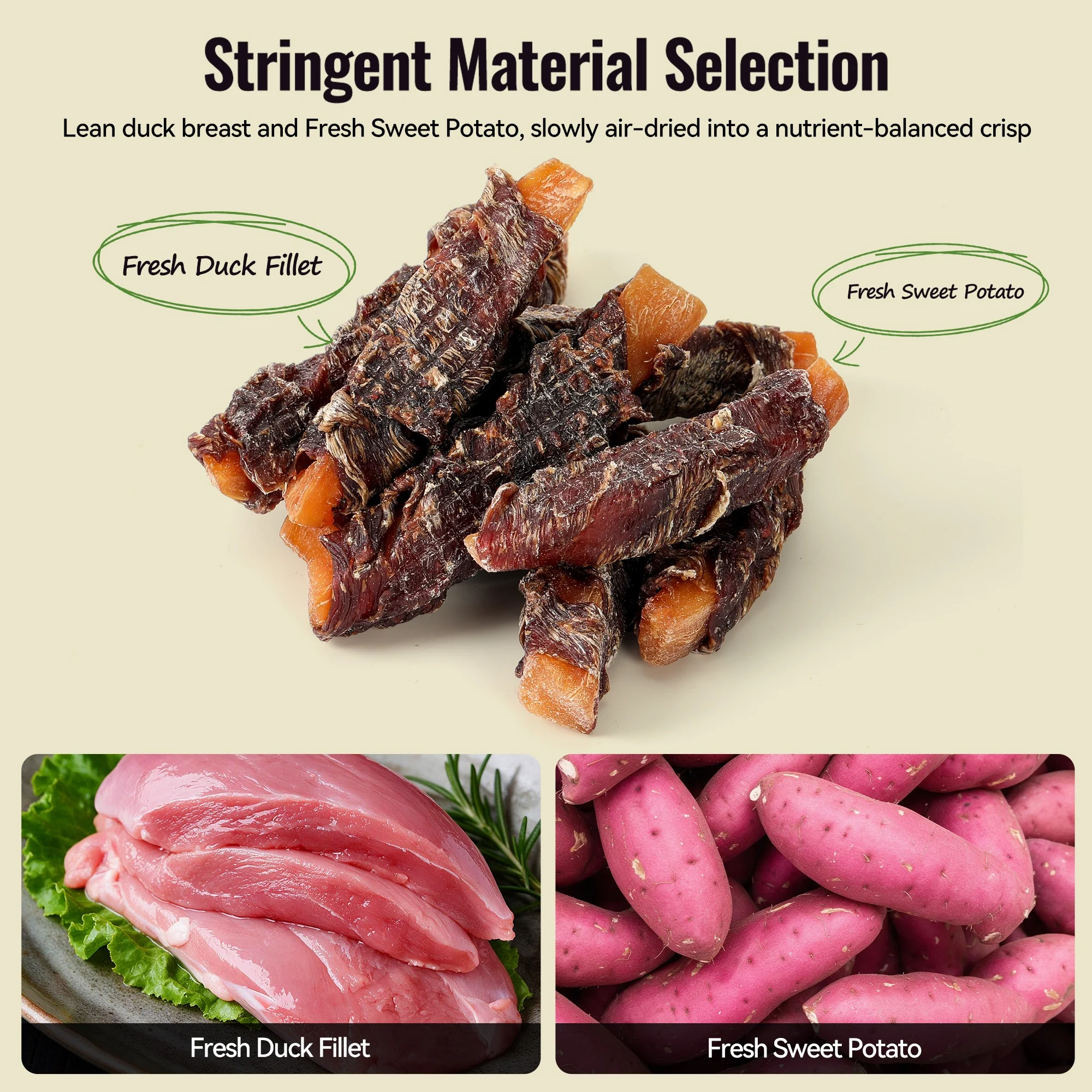 Duck breast and sweet potato ingredients for the air-dried roll